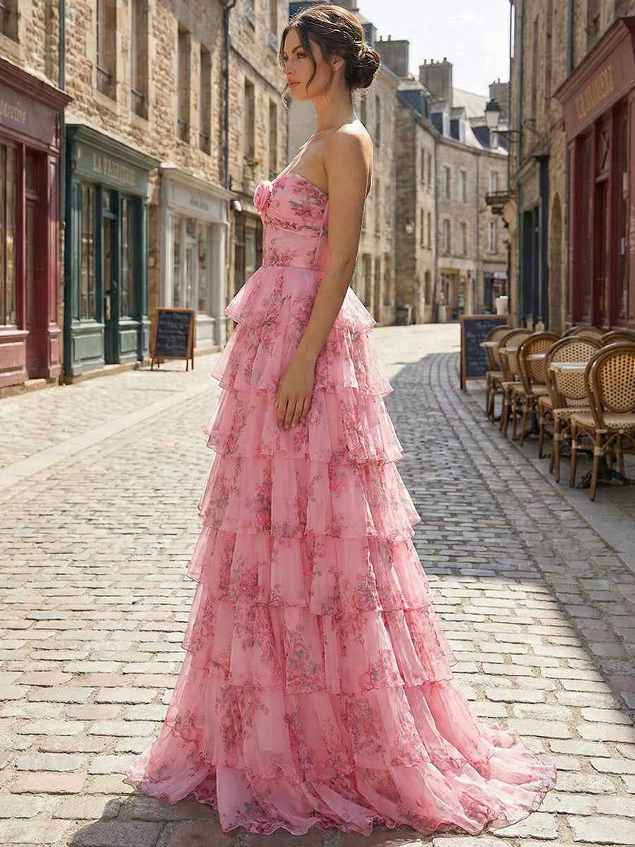 Romantic Pink Floral Tiered Prom Dress with Cut-Out Detail