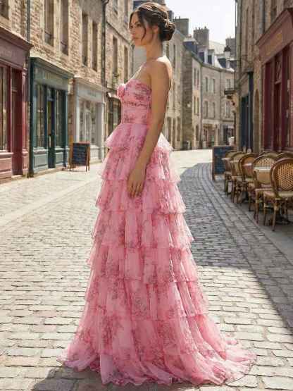 Romantic Pink Floral Tiered Prom Dress with Cut-Out Detail