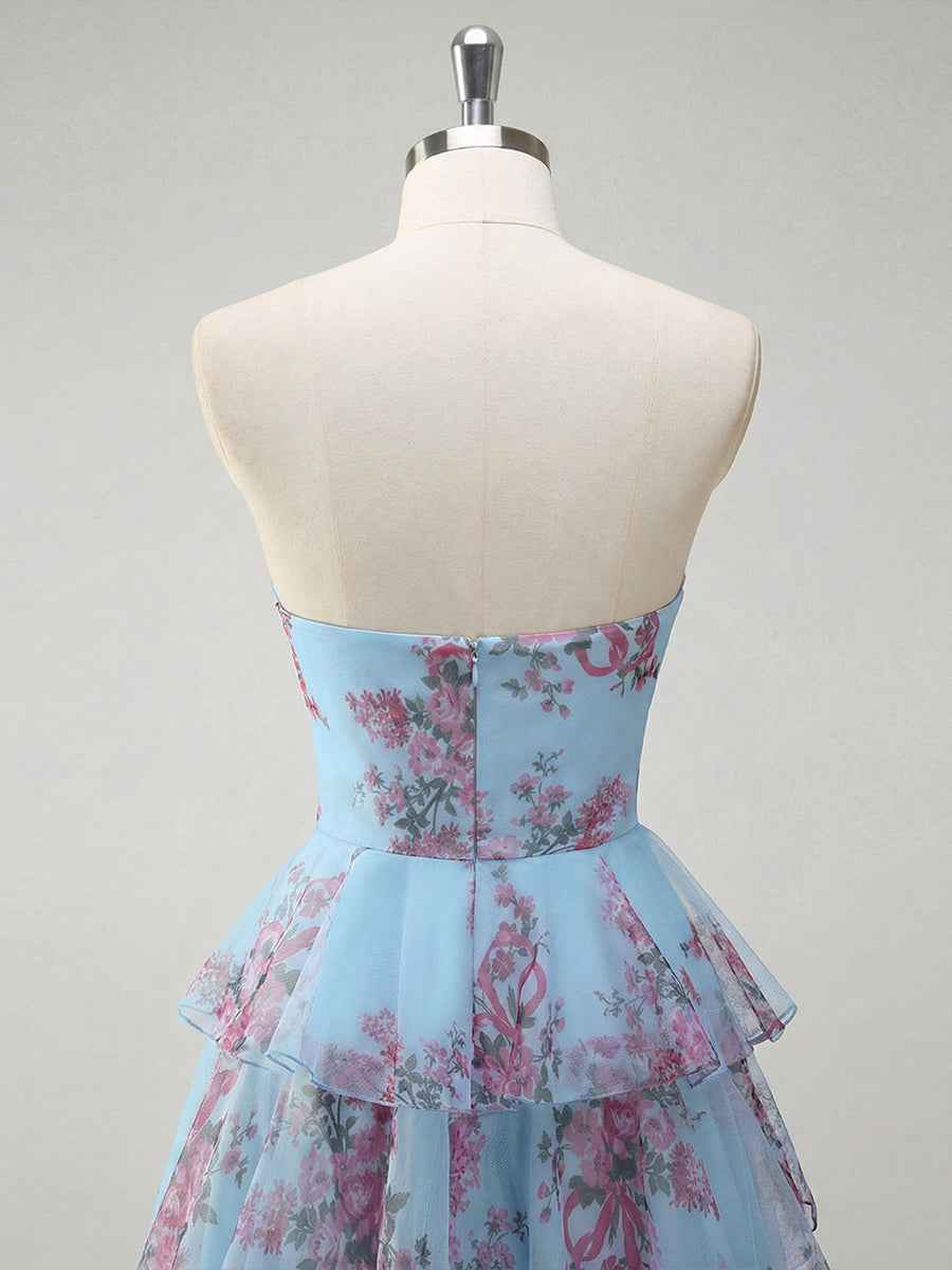 Romantic Pink Floral Tiered Prom Dress with Cut-Out Detail