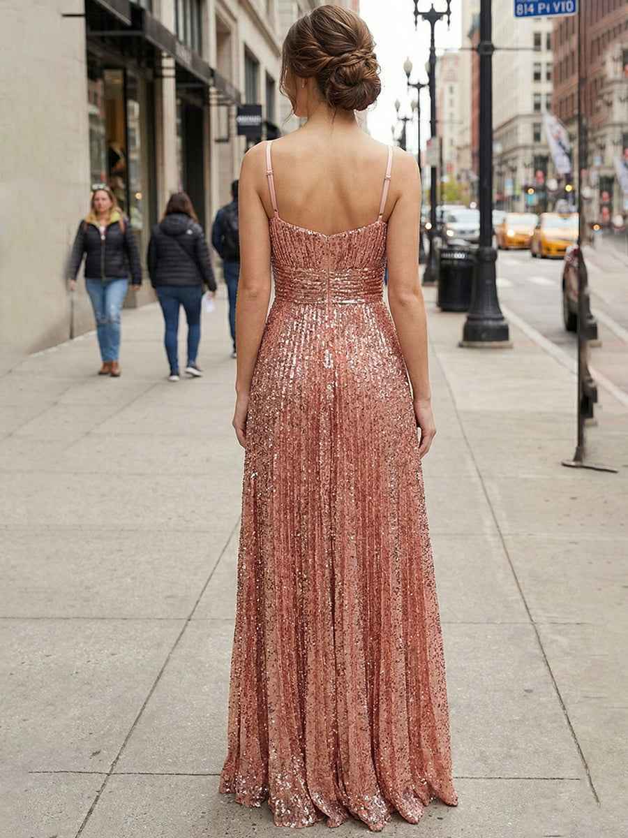Rose Gold Sequin V-Neck A-Line Long Prom Dress