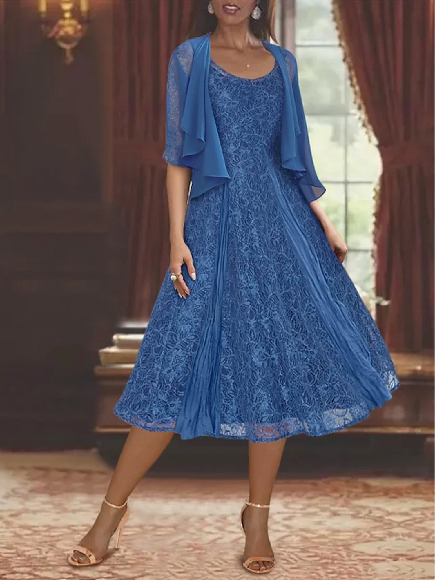 Princess A-Line Tea-Length Mother of the Bride Dress with Scoop Neck Half Sleeves Appliques and Jacket-BMbridal.UK