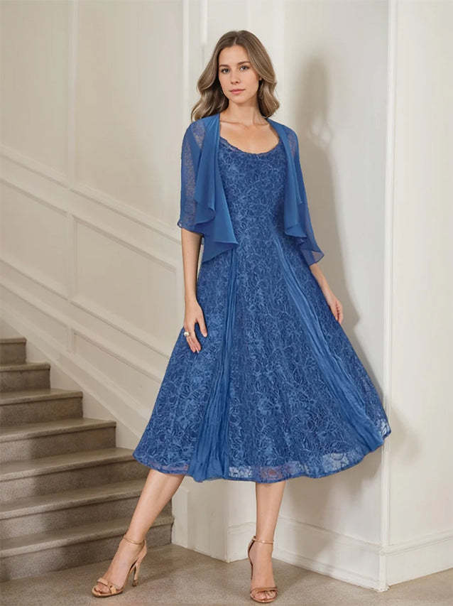 Princess A-Line Tea-Length Mother of the Bride Dress with Scoop Neck Half Sleeves Appliques and Jacket-BMbridal.UK