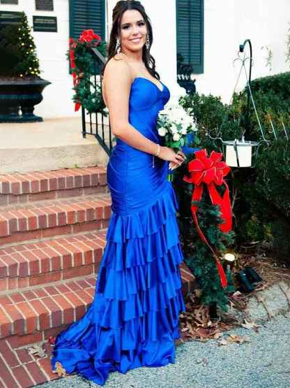 Green Mermaid Strapless Pleated Tiered Long Prom Dress with Slit