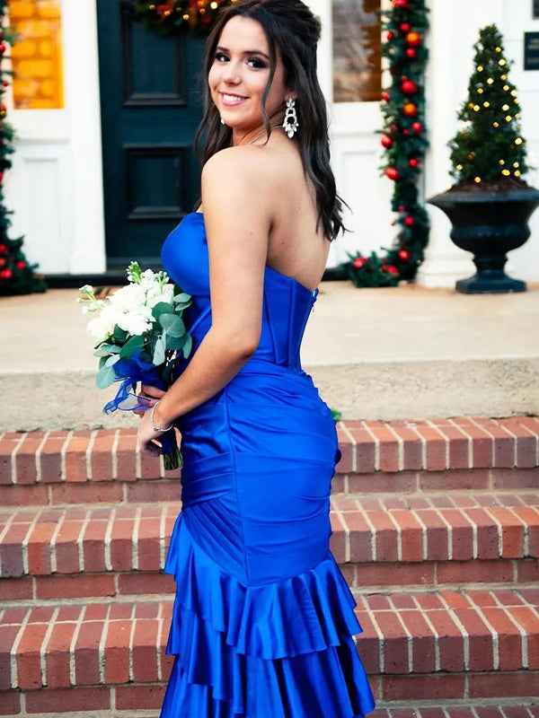 Green Mermaid Strapless Pleated Tiered Long Prom Dress with Slit