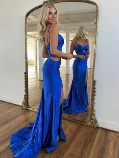 Dark Green Mermaid Spaghetti Straps Cutout Long Prom Dress with Slit