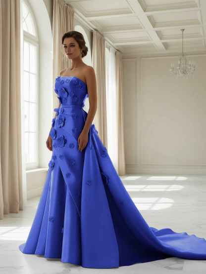 Pink A Line Satin Strapless Prom Dress with 3D Floral Appliques