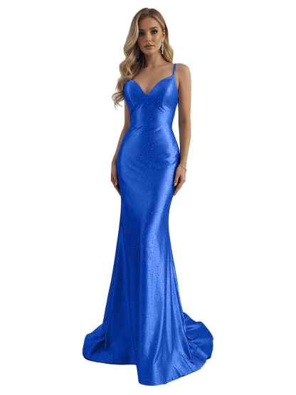 Blue Mermaid Spaghetti Straps V-Neck Rhinestone Long Prom Dress