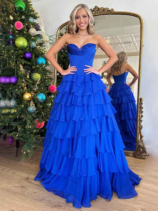 Yellow A Line Strapless Satin Corset Long Prom Dress with Ruffle Skirt