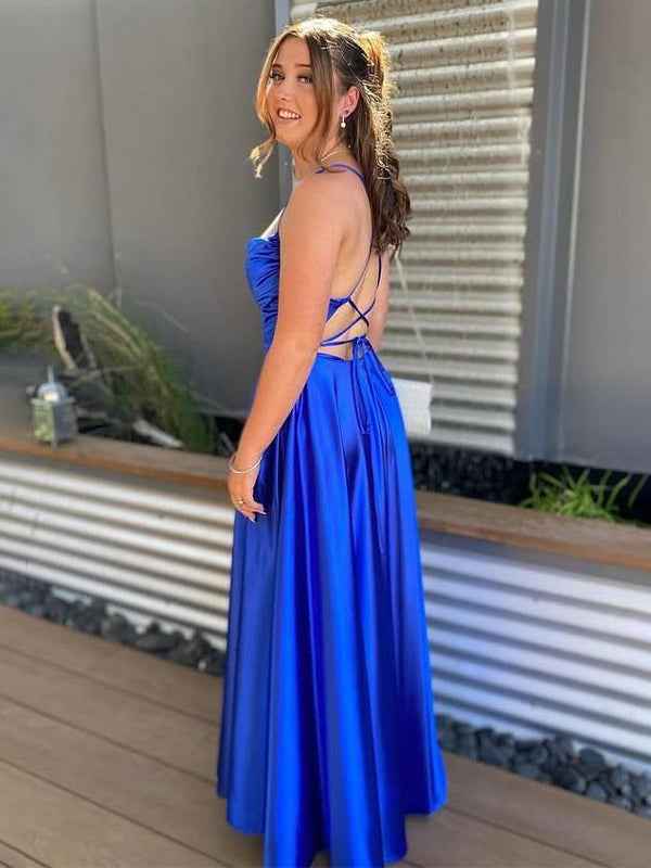 Royal Blue A-line Spaghetti Straps Cowl Neck Satin Prom Formal Dress