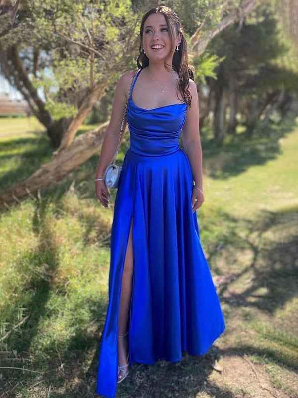 Royal Blue A-line Spaghetti Straps Cowl Neck Satin Prom Formal Dress