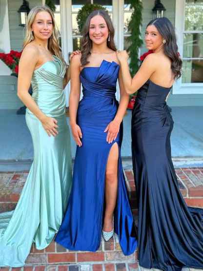 Sage Mermaid Pleats Strapless Long Prom Dress with Slit