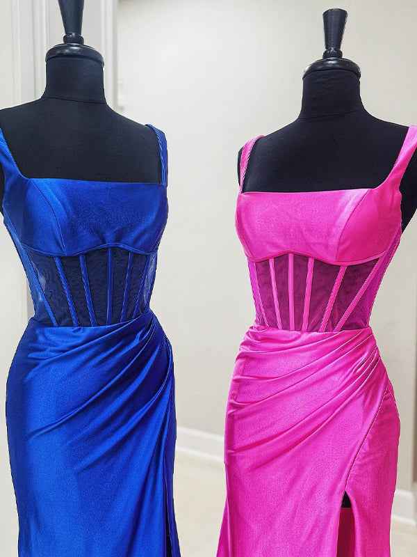 Pink Mermaid Square Neck Satin Pleated Long Prom Dress with Slit