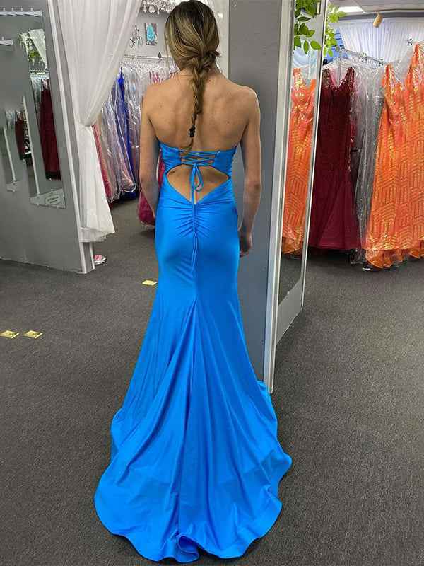 Teal Mermaid Strapless Fitted Long Prom Party Dress with Slit