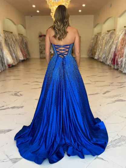 Royal Blue Sparkly Strapless A Line Corset Long Prom Dress