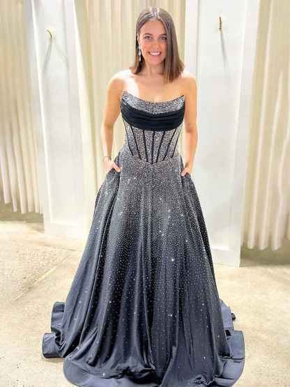 Royal Blue Sparkly Strapless A Line Corset Long Prom Dress