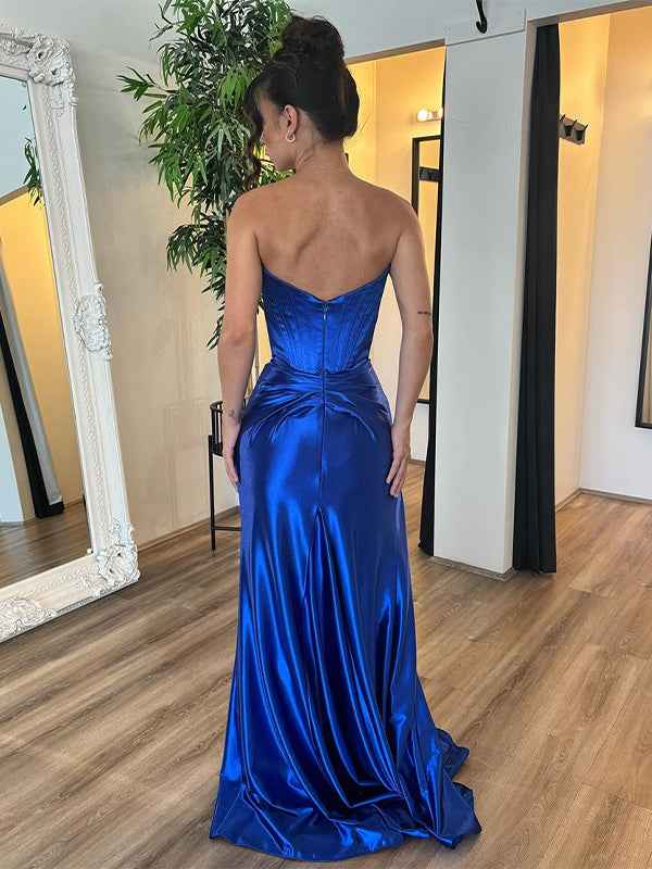 Royal Blue Mermaid Satin Strapless Long Prom Dress with Slit
