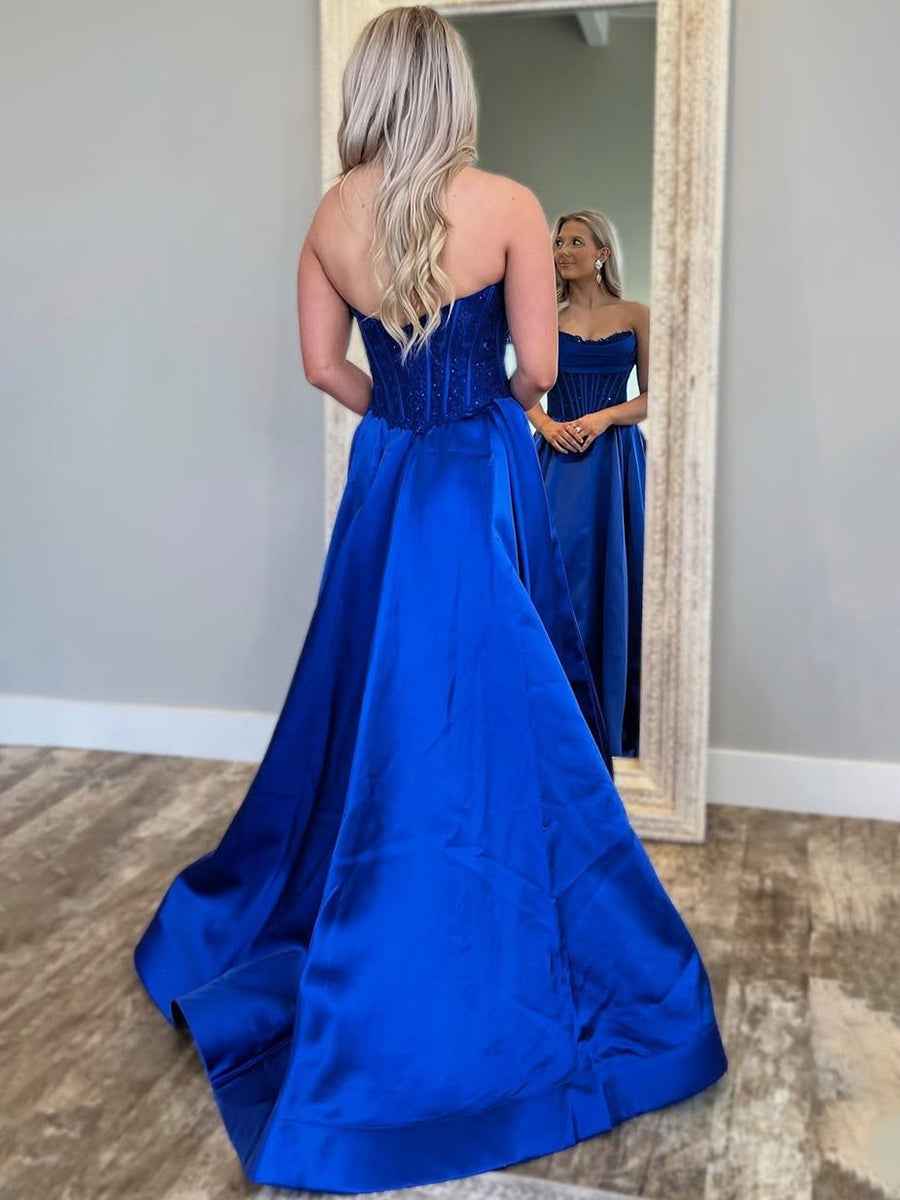 Royal Blue A-Line Strapless Pleated Satin Long Prom Dress