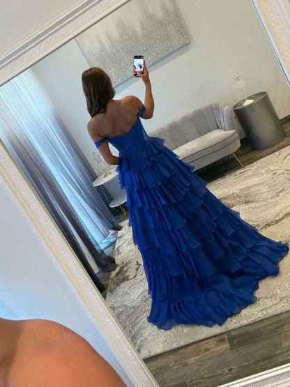 Royal Blue A Line Off The Shoulder Tiered Long Prom Dress with Slit