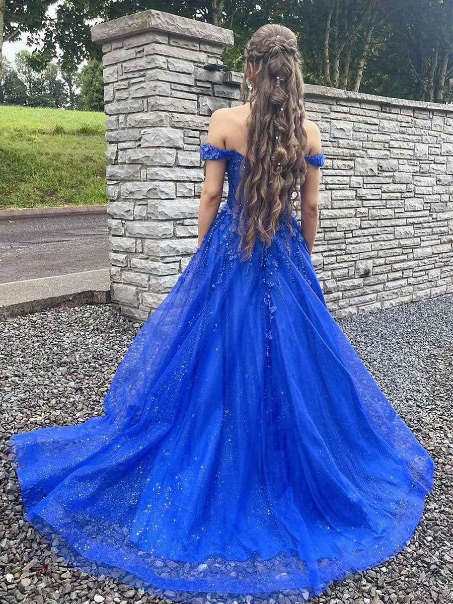 Royal Blue Glitter Off The Shoulder Corset Prom Dress