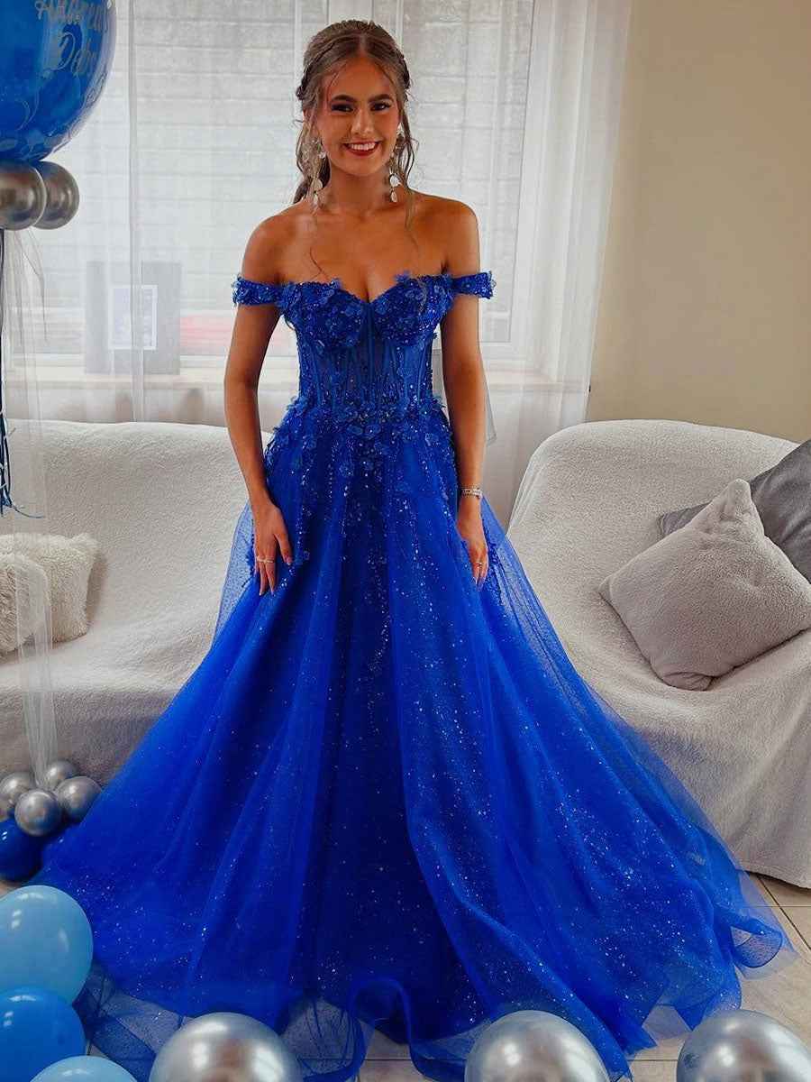 Royal Blue Glitter Off The Shoulder Corset Prom Dress