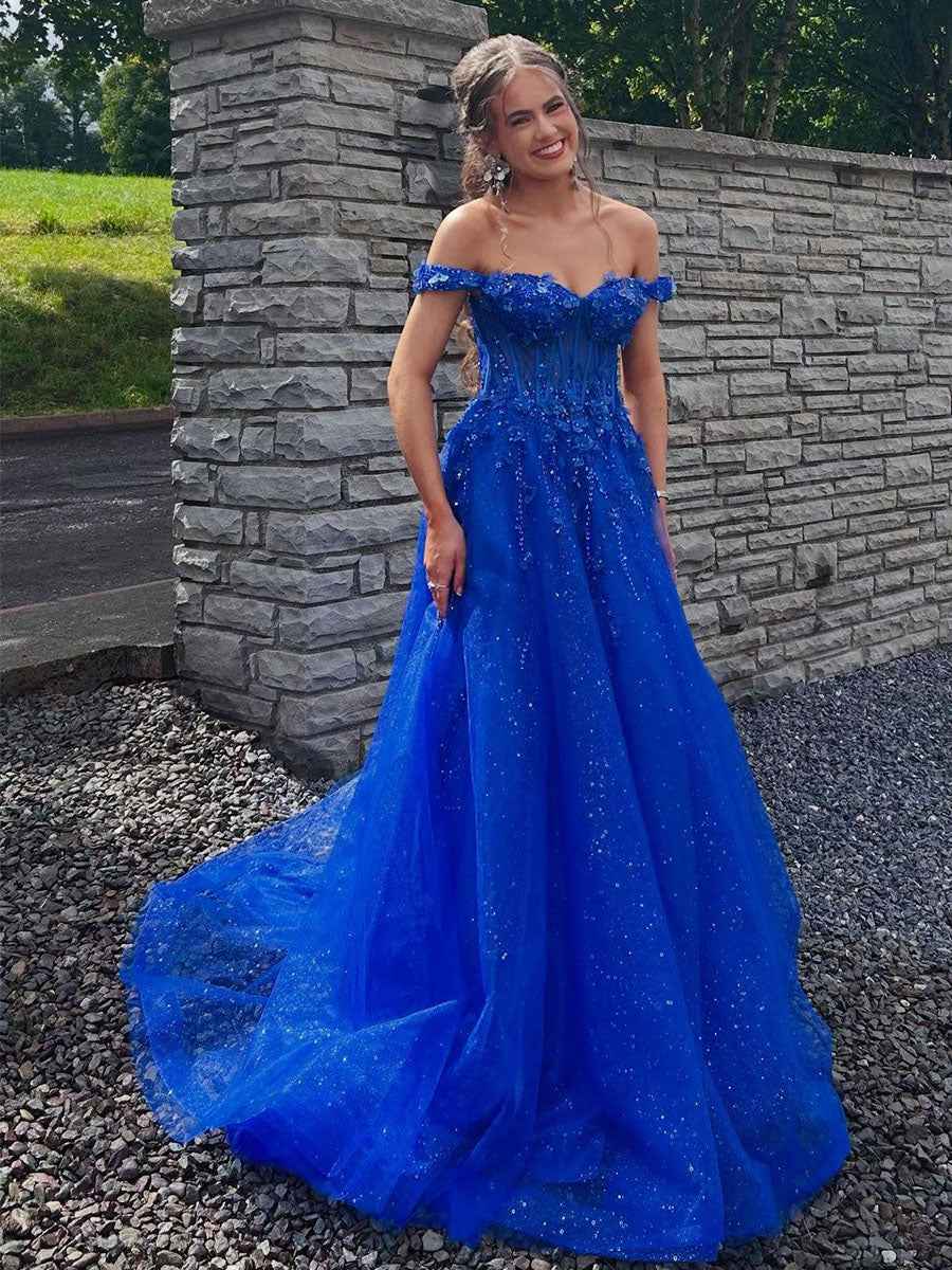 Royal Blue Glitter Off The Shoulder Corset Prom Dress