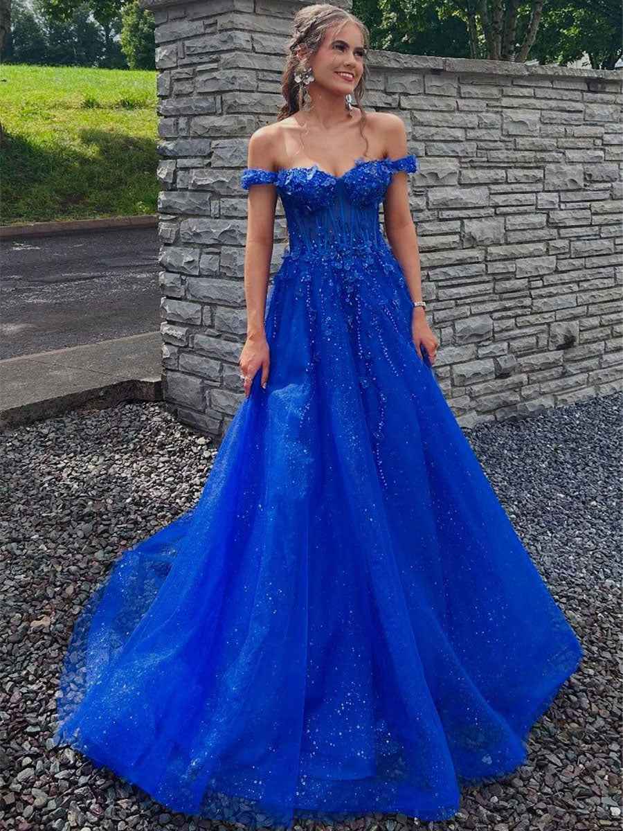 Royal Blue Glitter Off The Shoulder Corset Prom Dress