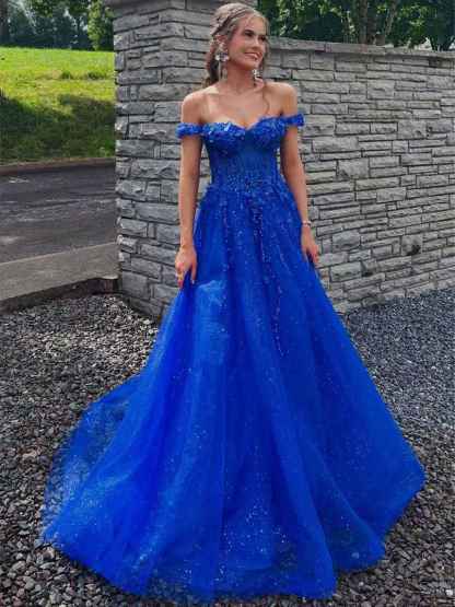 Royal Blue Glitter Off The Shoulder Corset Prom Dress