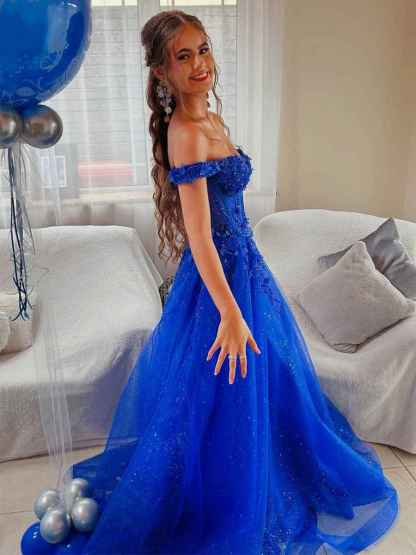 Royal Blue Glitter Off The Shoulder Corset Prom Dress