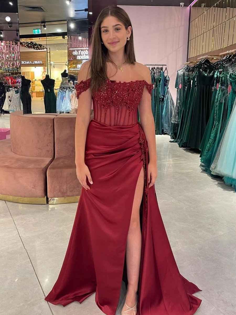 Royal Blue Off the Shoulder Satin Beaded Long Prom Dress with Appliques