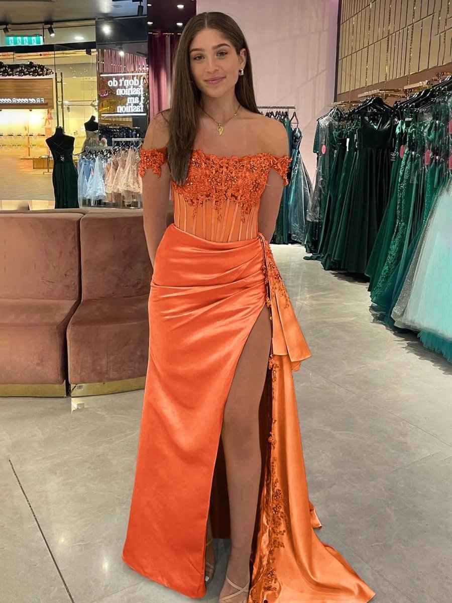 Royal Blue Off the Shoulder Satin Beaded Long Prom Dress with Appliques