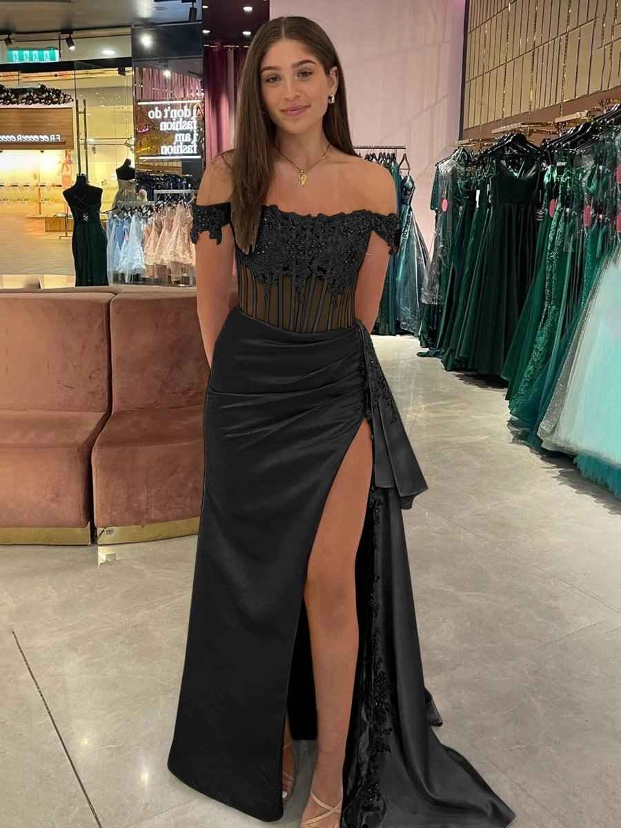 Royal Blue Off the Shoulder Satin Beaded Long Prom Dress with Appliques