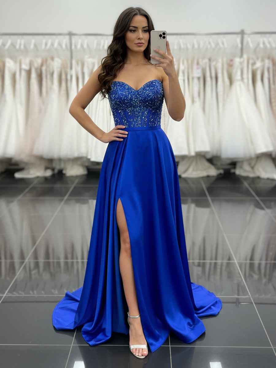Royal Blue Satin A-Line Beaded Corset Bodice Prom Dress with High Slit