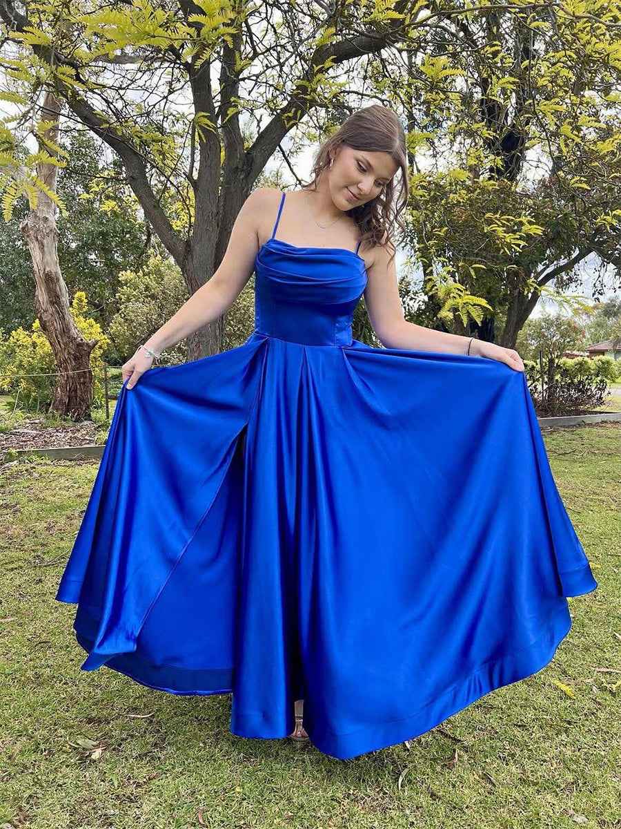 Royal Blue Satin Cowl Neck A-Line Prom Dress with High Slit