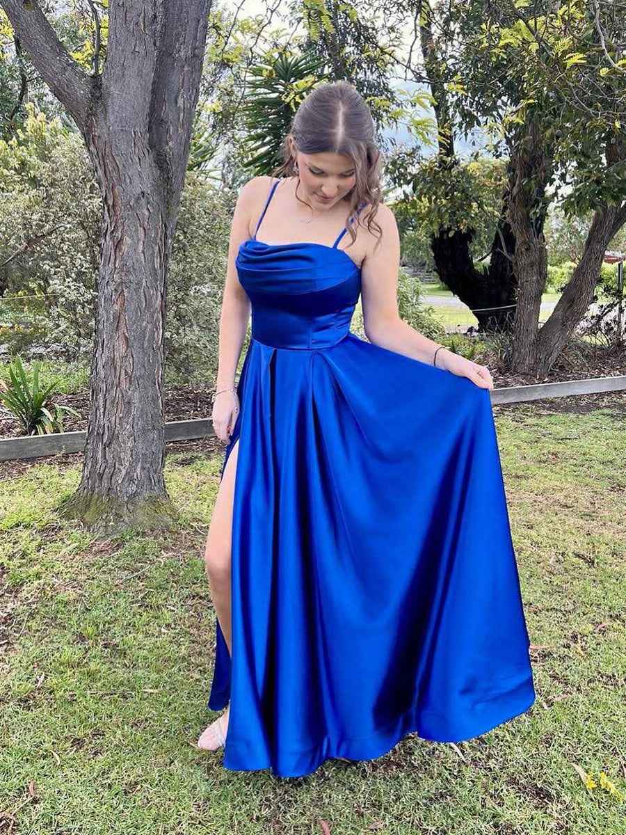 Royal Blue Satin Cowl Neck A-Line Prom Dress with High Slit