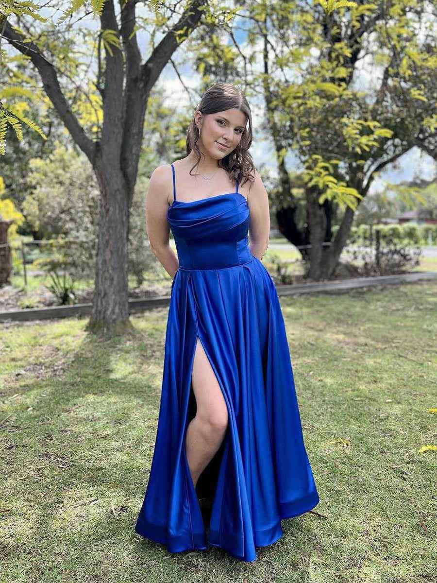 Royal Blue Satin Cowl Neck A-Line Prom Dress with High Slit