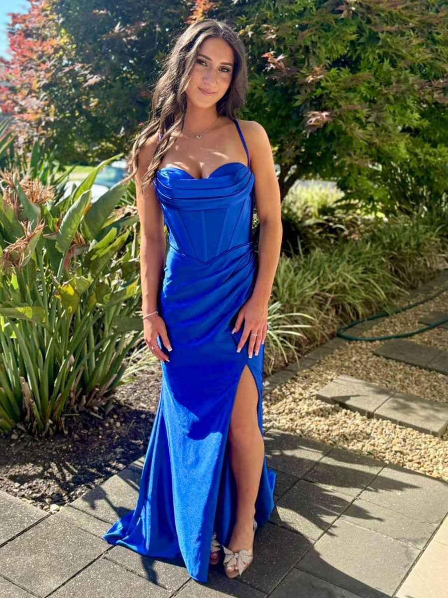 Royal Blue Satin Cowl Neckline Corset Prom Dress with High Slit