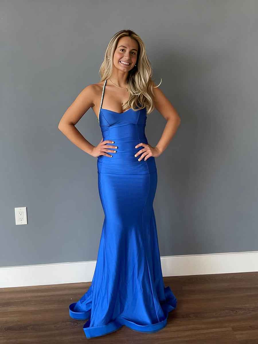 Royal Blue Satin Mermaid Prom Dress with Sparkly Rhinestone Straps