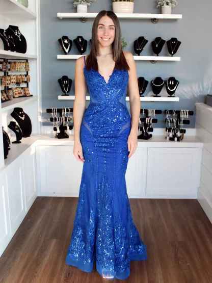 Royal Blue Sequin Embellished Mermaid Prom Dress with Illusion Cutouts