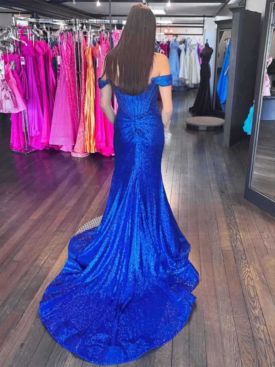 Royal Blue Sequin Off-the-Shoulder Corset Bodice Prom Dress with Slit