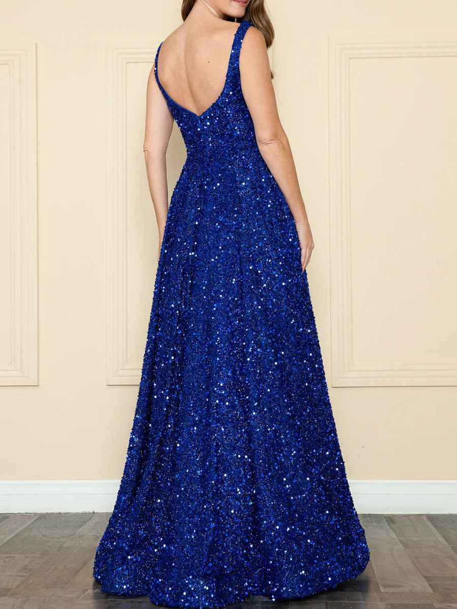 Royal Blue Sequin Square Neckline A-Line Prom Dress with Tank Straps