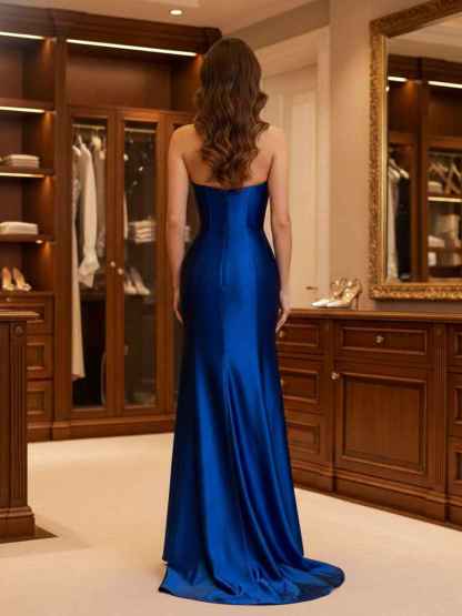 Royal Blue Strapless Crystal Trimmed Neckline Satin Prom Dress with High Slit