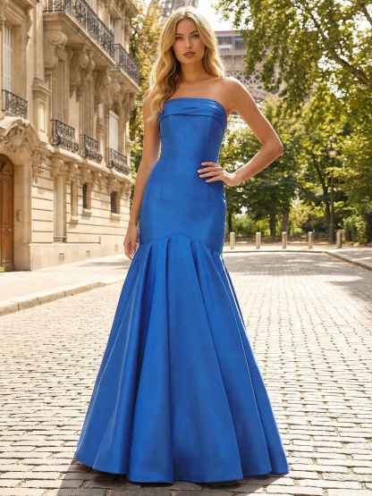 Royal Blue Strapless Pleated Satin Mermaid Prom Dress