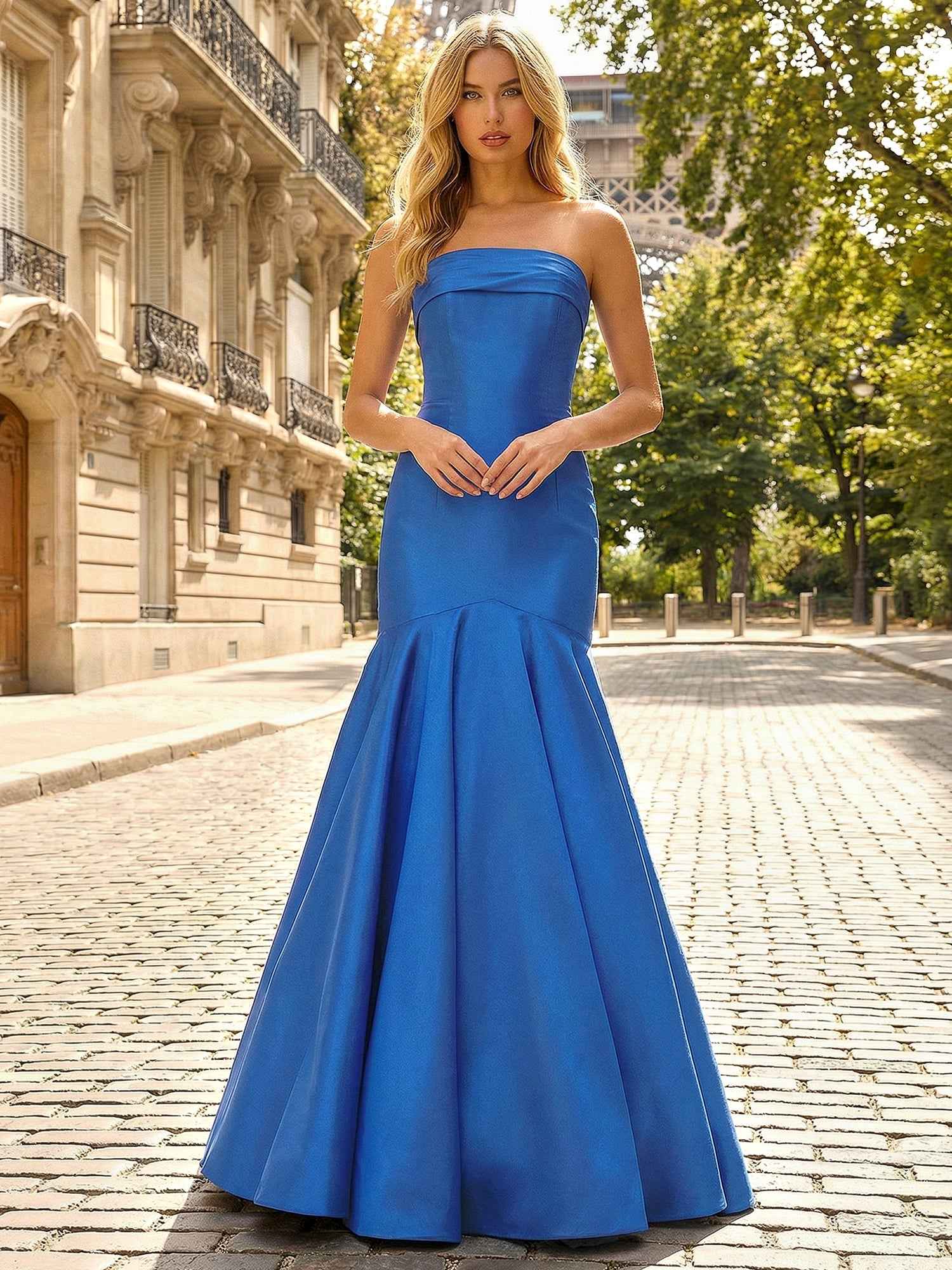 Royal Blue Strapless Pleated Satin Mermaid Prom Dress