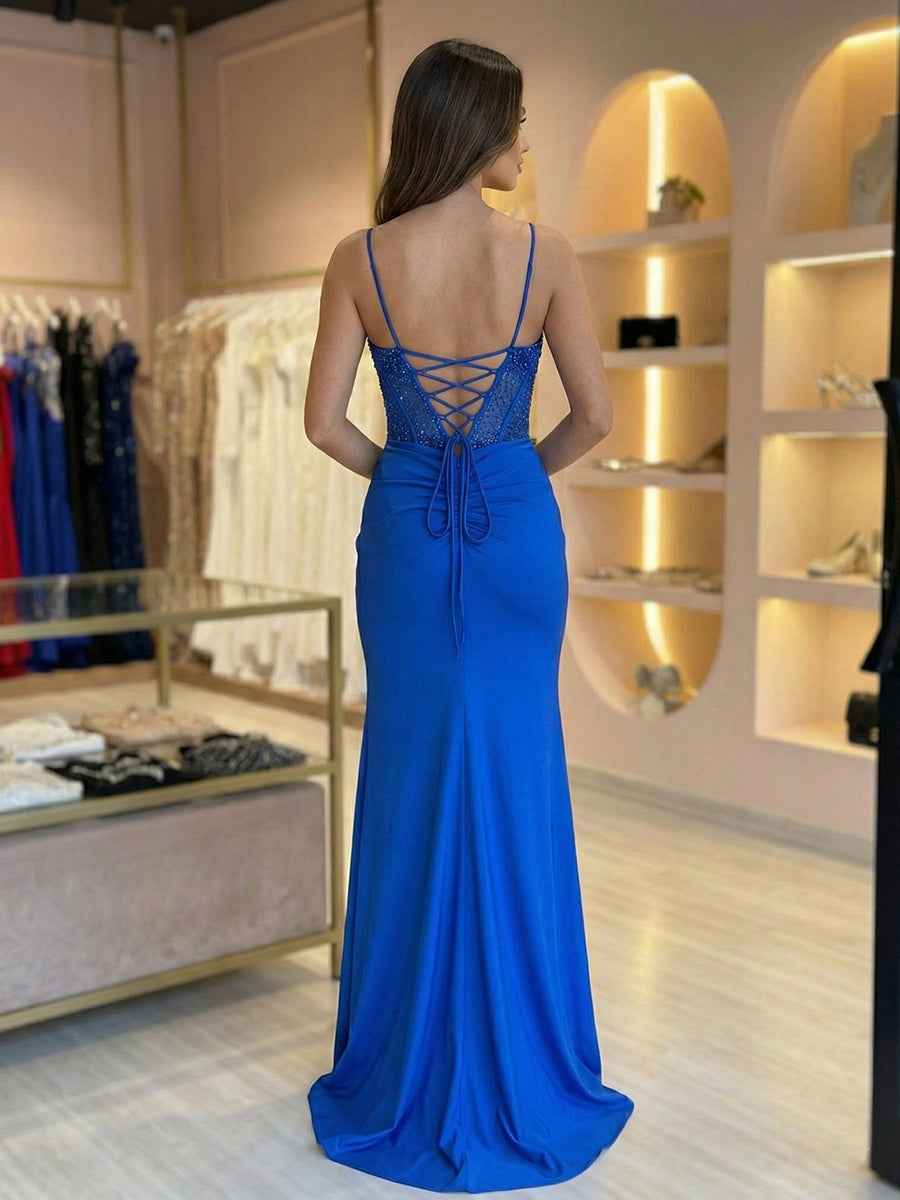 Royal Blue Sweetheart Beaded Corset Prom Dress with High Slit