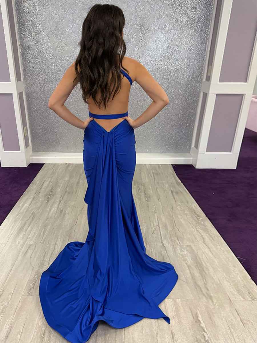 Royal Blue V-Neck Ruched Low Waist Spaghetti Straps Prom Dress