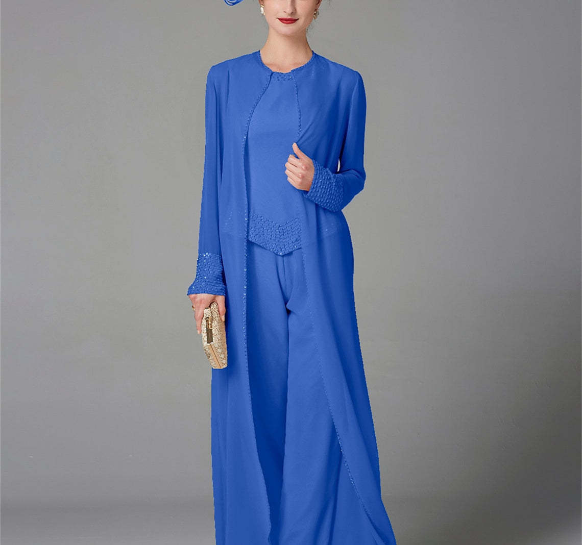 Long-Sleeve Chiffon Pantsuit with Jacket and Sequins for the Mother of the Bride