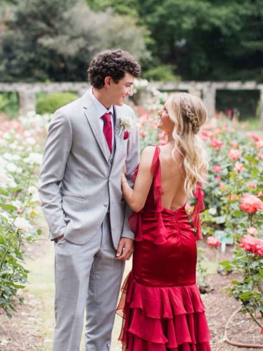 Ruffle Straps Tiered Long Prom Dress with Slit