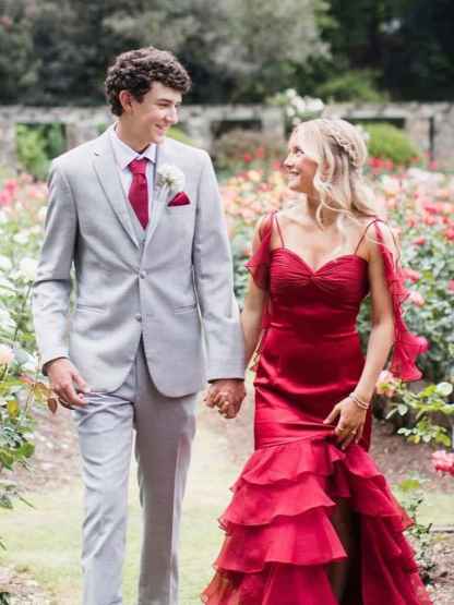 Ruffle Straps Tiered Long Prom Dress with Slit