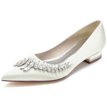 White Bridal Shoes for Women with Imitation Rhinestones and Pointed Toe