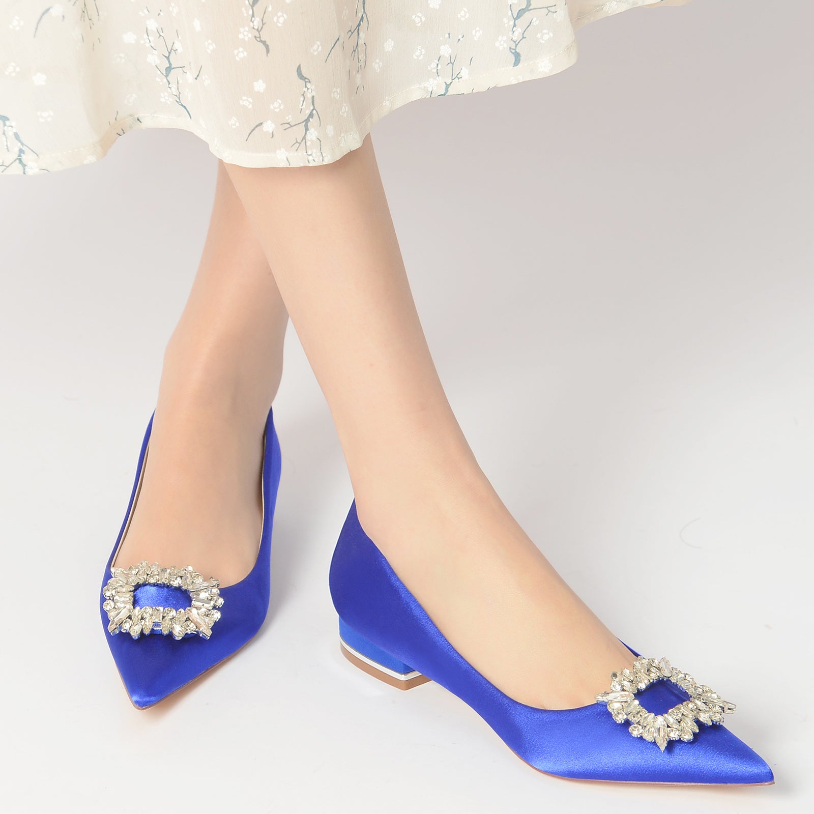 Bridal Shoes for Women with Square Rhinestone Low Pointed Toe in Silk Satin